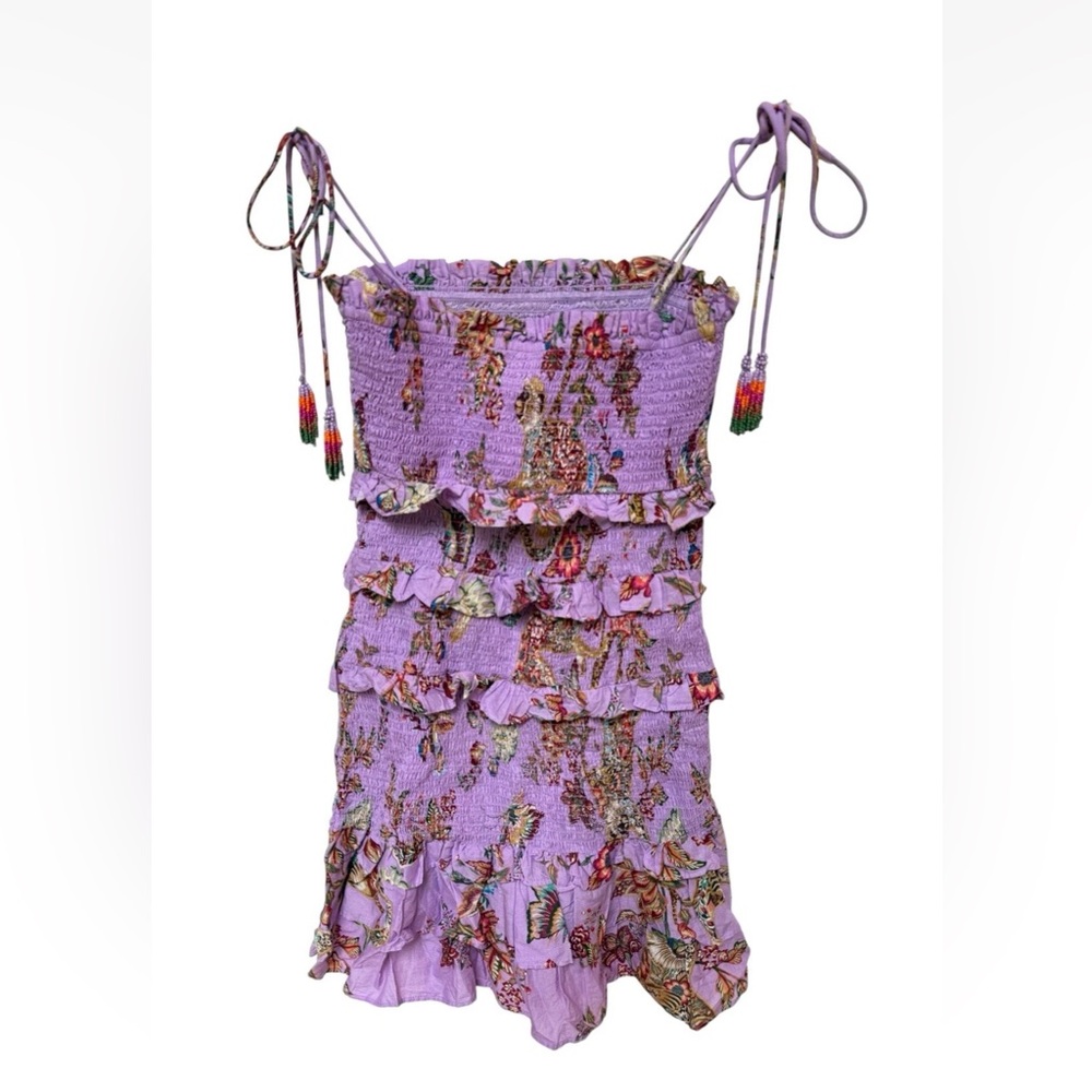 FARM Rio Active Floral Smocked Mini Dress Sz XXS Floral Monkey Lilac - Picture 3 of 6